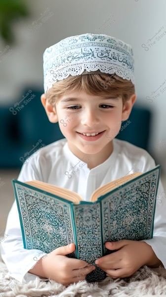 An image of a young boy reading a book with an ornate green cover. The boy is wearing a white garment and a cap with Arabic embroidery. He is seated in a well-lit room with dark green furniture in the background.
