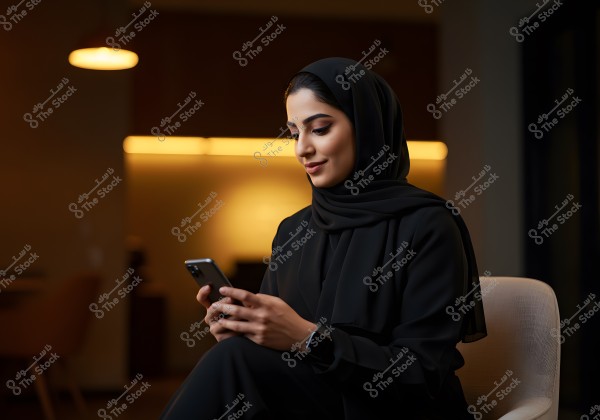 An image of a woman wearing a black abaya and hijab, sitting on a chair indoors in a warm, softly lit environment. She is holding a smartphone in her hands and looking at it with a gentle smile. The background lighting creates a calm and modern ambiance.