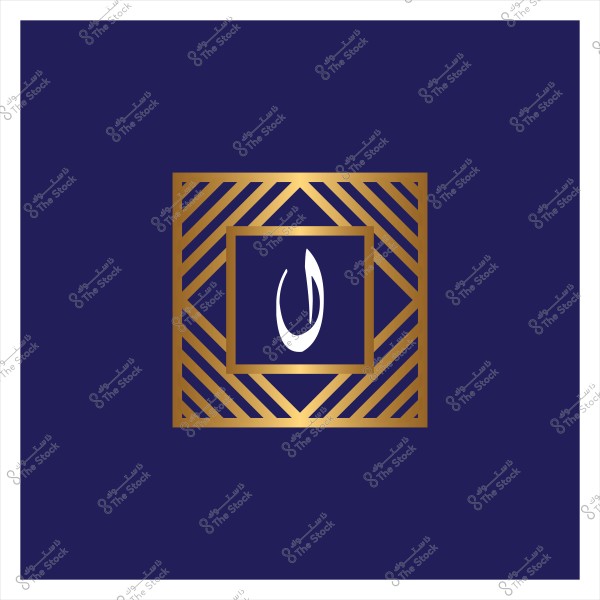 تصميم هندسي ذهبي على خلفية زرقاء داكنة يحتوي على حرف نون باللون الأبيض في المركز.