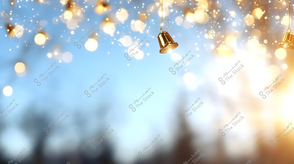 An image featuring a blurred blue background with sparkling golden bokeh light effects. A hanging golden bell is visible at the top of the image, providing a festive feeling.