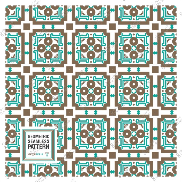 نمط هندسي متكرر بألوان بني وأزرق التركواز, يحتوي على أشكال مربعات ودائرية متداخلة مع تفاصيل معقدة.