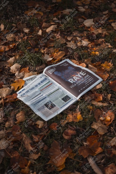 An open newspaper placed on the ground covered with fallen autumn leaves.