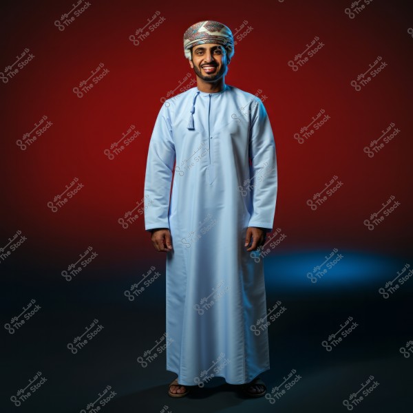 A portrait of a man wearing a traditional long, light blue robe, smiling against a dark red background. He is wearing a traditional ornate headpiece with various colors. He stands balanced with soft lighting on the scene.