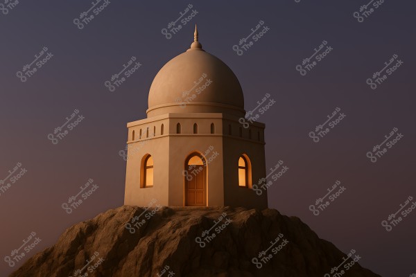 A building with a large distinctive dome situated on top of a rocky hill. The exterior walls are smooth and light-colored, featuring arched windows and wooden doors. The scene is bathed in warm lights suggesting the calm of dusk, with a dark blue sky in the background.