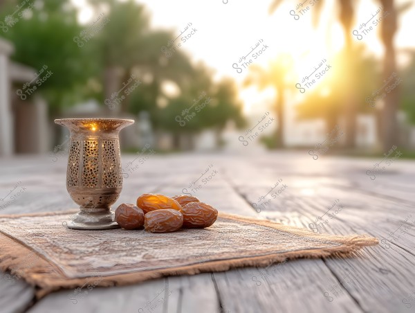 The image shows an outdoor scene with an intricately decorated lantern next to a cluster of dates placed on a mat. The background is blurred with palm trees and sunlight visible in the distance.