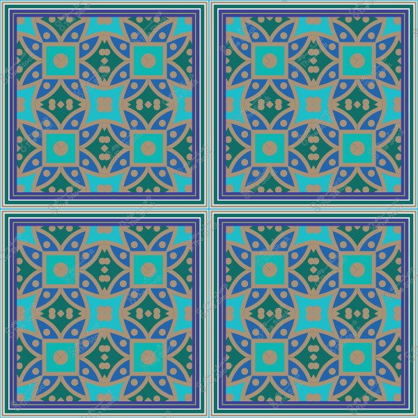 تصميم فسيفساء إسلامية تقليدية بألوان زرقاء وخضراء وبرتقالية.