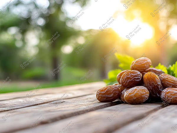 An image of several dark brown dates placed on a wooden surface in the foreground. In the background, there is a blurred natural landscape with green trees and bright golden sunlight.