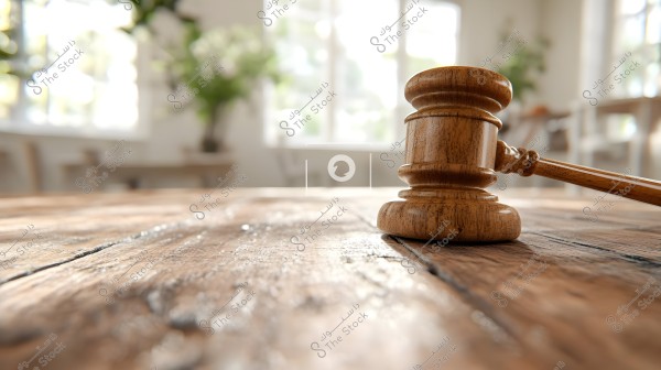 A wooden judge\'s gavel resting on a wooden table surface, with a blurred background showing a room lit by natural light, featuring green plants and some furniture.
