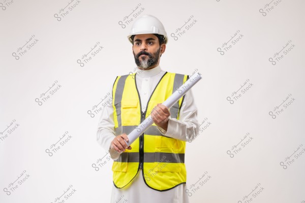 Image of a man wearing work attire, consisting of a white thobe, a yellow safety vest, and a white helmet, holding an architectural blueprint. The background is plain white.