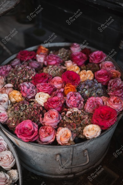 A collection of colorful flowers in a metal bucket.