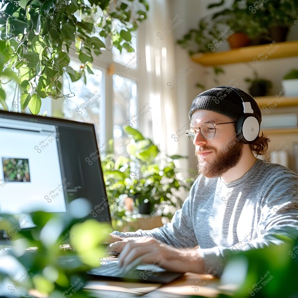 A person wearing a beanie and headphones is seated in front of a working computer in a room filled with green plants and sunlight streaming in from a large window. The person is wearing glasses and a long-sleeve gray shirt.