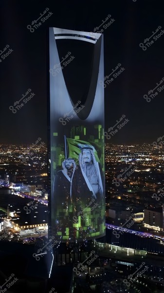 Night view of the Kingdom Tower in Riyadh, Saudi Arabia, with images of kings projected onto the tower. The illuminated city lights serve as a backdrop, highlighting details of the buildings and surrounding roads.