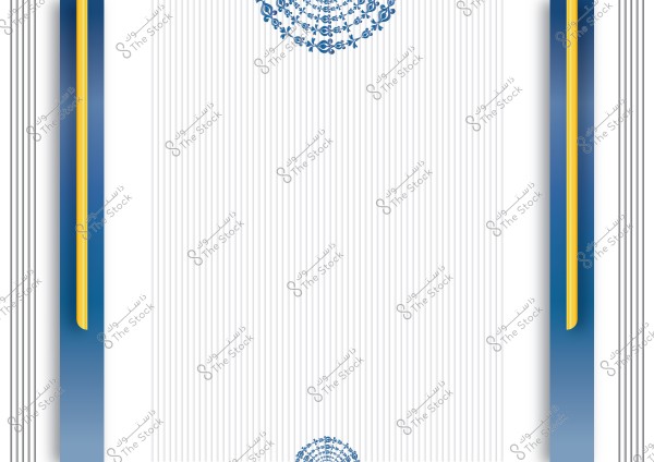 A vertical decorative design with blue stripes on the sides and thin vertical lines in the center. There are light blue circular decorative elements at the top and bottom. The side stripes feature yellow edges.