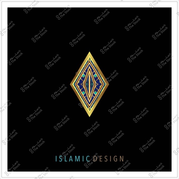 تصميم هندسي إسلامي بزخارف ذهبية وزرقاء على خلفية سوداء.