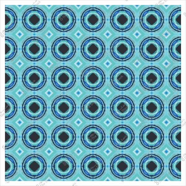 A repetitive pattern consisting of circles and motifs in blue and green colors.