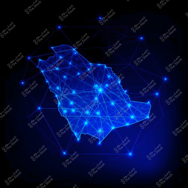 An illuminated map of Saudi Arabia using a network and interconnected lines technique. The intersecting lines, glowing in blue, form the map of the kingdom on a dark background, with bright points distributed across the map, depicting digital or network connectivity.
