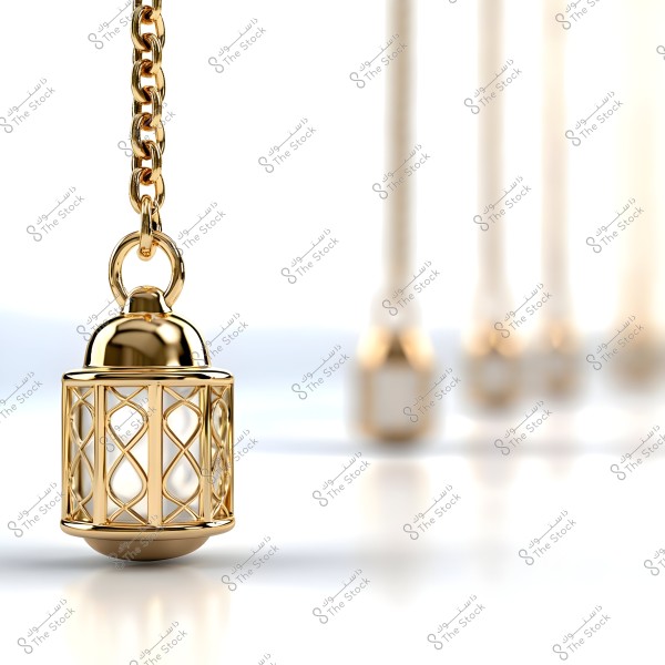 ** A small gold lantern hanging from a gold chain. The design features lattice-like squares. In the background, there are blurred shadows of tall, cylindrical shapes. The golden color stands out against a soft, bright background.\r\n\r\n**