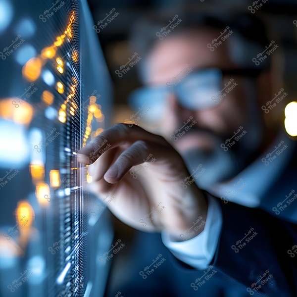 شخص يرتدي نظارات ويحرك إصبعه على شاشة زجاجية تحتوي على رسوم بيانية وإشارات ضوئية باللونين الأزرق والبرتقالي. الصورة مركزة على اليد والشاشة, بينما يُرى وجه الشخص بشكل ضبابي في الخلفية.