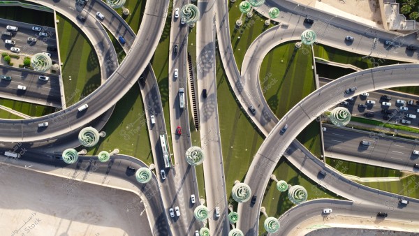تصوير جوي لحركة سير السيارات على الطريق السريع في مدينة الرياض، الفن الهندسي المعماري للمجسمات الفنية على شكل أشجار خضراء، الطرق المتقاطعة في دوار عرقة بالمملكة العربية السعودية