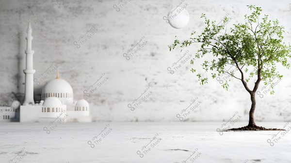 The image shows a green tree growing in the foreground on a white ground. In the background, there is a model of a mosque featuring distinct white minarets and domes with Islamic architectural design. The backdrop is a faded gray wall, and a large white circular shape resembling the moon is visible in the sky.
