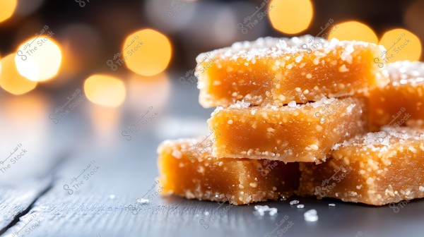Image of several pieces of brown caramel candy stacked on top of each other on a gray surface. The candies are sprinkled with coarse sugar, and are beautifully lit with golden bokeh lights and a blurred background, giving a warm and inviting feel.