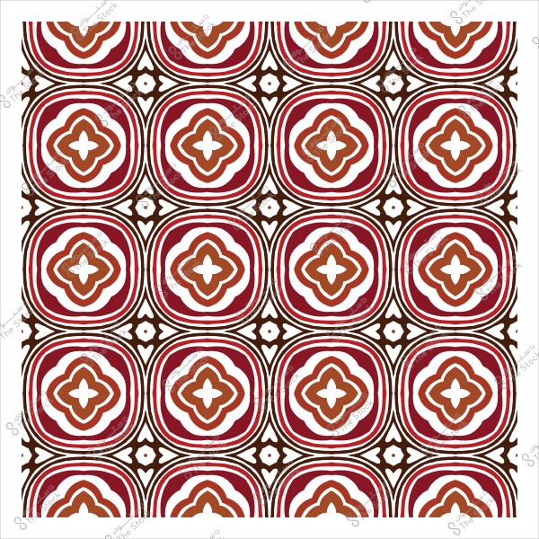 نمط زخرفي تقليدي بألوان حمراء وبنية على شكل مربعات تحتوي على تصميمات دائرية ونجوم في المنتصف.