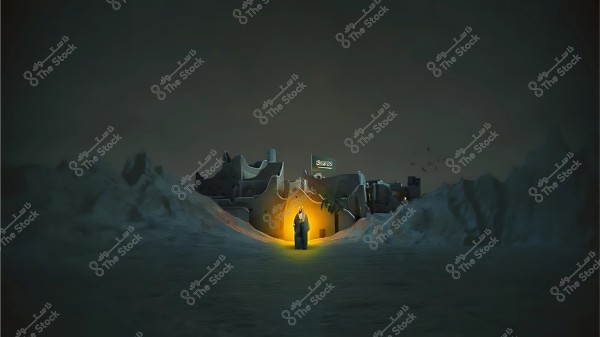 تظهر الصورة مشهدًا ليليًا لبلدة تقليدية تتميز بمعمارها المميز, حيث يقف شخص يرتدي ثوبًا وغترة في المنتصف محاطًا بهالة من الضوء. في الخلفية, تظهر البنايات ممثلة للهندسة المعمارية التقليدية وفوقها علم يحمل الشهادة الإسلامية. تحيط بالمشهد جبال وصحاري تحت سماء مظلمة يطير فيها عدد من الطيور.