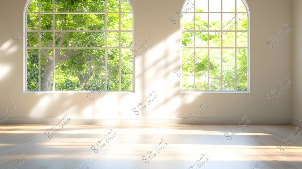 The image shows an indoor room with an arched ceiling and large arched windows. Sunlight streams through the windows, casting shadows on the glossy wooden floor. Outside, lush green trees are clearly visible through the glass, adding a sense of nature and tranquility.