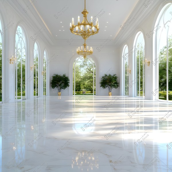A large room adorned with golden chandeliers and white pillars, featuring arched glass windows overlooking a green garden. The floor is shiny and marble, with potted plants near the windows.