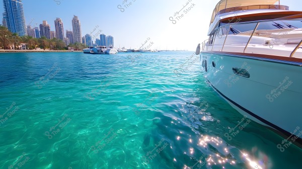 A stunning view of a coastal city with modern skyscrapers on the left side, overlooking turquoise sea waters. On the right side of the image, a luxury yacht is floating on the water. Sunlight sparkles on the water\'s surface, adding beauty to the scene.