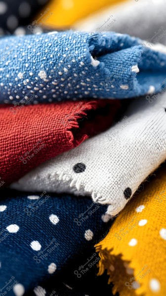 Close-up image of various fabrics with polka dot designs. The fabrics include a blue one with white dots, a plain red one, a white one with black dots, and a yellow one with white dots. The fabrics are neatly arranged and partially folded.