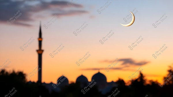 An image depicting a sunset scene with a mosque minaret in the background against a sky displaying shades of orange and blue. A crescent moon is prominently visible in the sky, adding a beautiful touch to the overall view.
