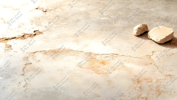 An image of a dry, cracked surface with a light beige color and shades of light brown. In the upper right corner, there are two pieces of limestone rock.