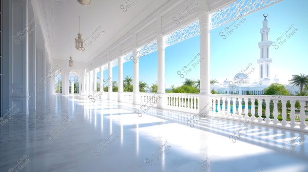 Image of a long, wide corridor covered with white marble, featuring white columns and a high ceiling. Large windows reveal an outdoor view of a grand Islamic building adorned with domes and minarets, surrounded by palm trees under a clear blue sky. The bright daylight adds a serene and beautiful atmosphere to the setting.