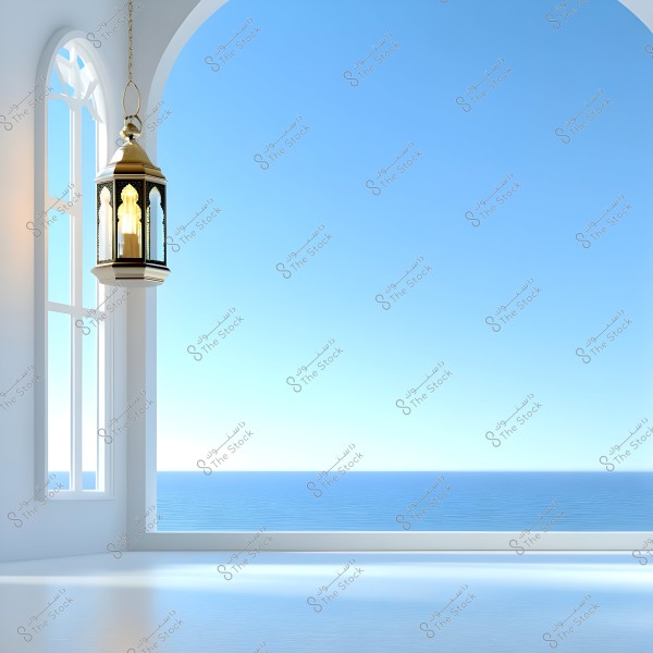 An interior scene featuring a hanging Arabic lantern in gold, suspended near a large arched window overlooking a view of the clear blue sea and bright sky. The interior design is simple with traditional touches.