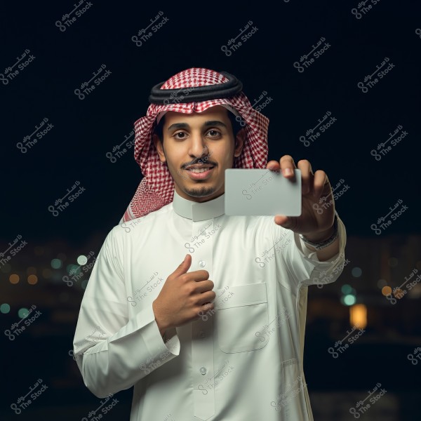 A portrait of a man wearing traditional Saudi attire, consisting of a white thobe and a red checkered headscarf with a black agal. The man is smiling and holding a small white card in his hand at night, with a dark background and soft light bokeh in the distance.