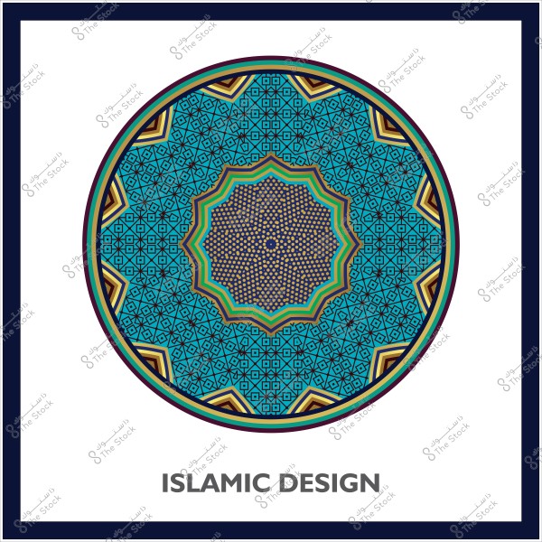 تصميم دائري يحتوي على نمط إسلامي هندسي مزخرف بألوان زرقاء وخضراء وذهبية في إطار أبيض مع نص باللغة الإنجليزية "ISLAMIC DESIGN".