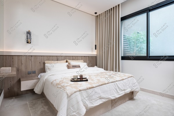 A stylish bedroom featuring a large bed with a beige cover, large windows with sheer curtains, and modern decor with soft lighting.
