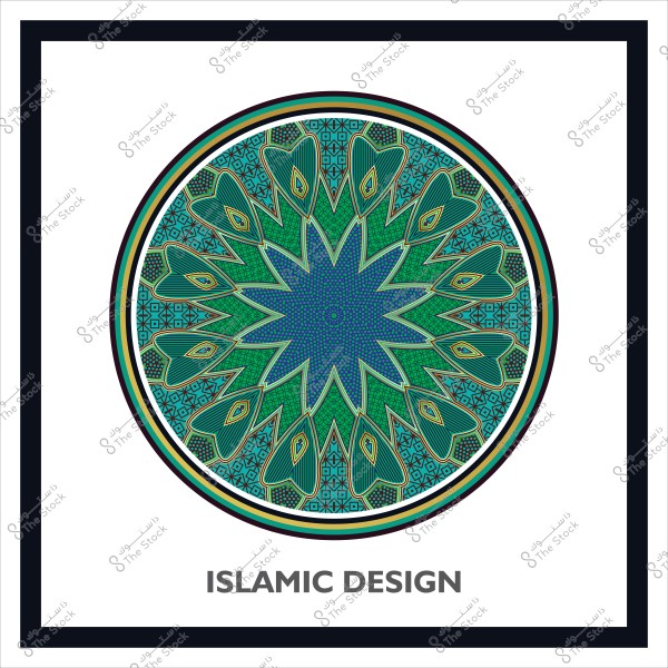 تصميم زخرفي إسلامي دائري بنمط هندسي باللونين الأخضر والأزرق.
