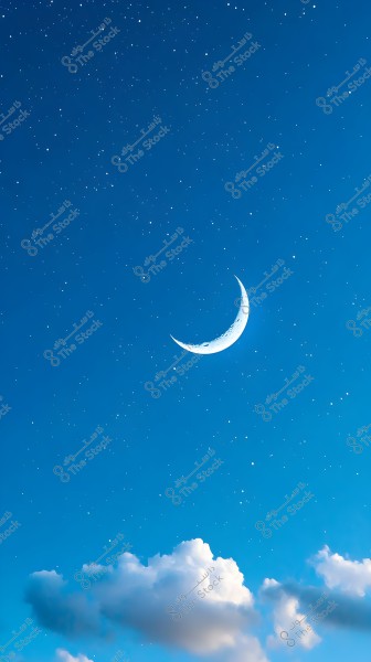 An image of a clear blue night sky featuring a bright white crescent moon surrounded by a scattering of small shining stars. At the bottom of the image, there are soft white clouds.