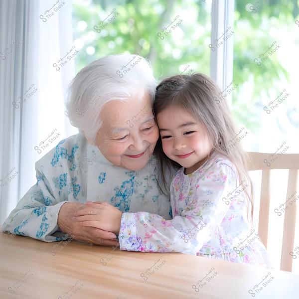 An image of an elderly woman with white hair sitting next to her young granddaughter. They are smiling and embracing each other over a wooden table. The woman is wearing a white outfit with blue patterns, while the little girl is in a white dress with floral designs. Behind them is a window that lets in daylight and views of green nature.
