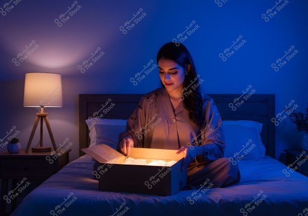 A woman sits on a bed in a warmly lit room with a blue hue, opening a glowing orange box. The room features a lit wooden table lamp and a small potted plant on the bedside table. She is wearing a traditional embroidered robe, suggesting Middle Eastern origins.