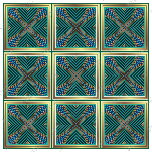 نمط هندسي مكرر يتكون من عدة مربعات, كل مربع يحتوي على تصميم بشكل زهور وألوان متناسقة من الأزرق والأصفر والأحمر.