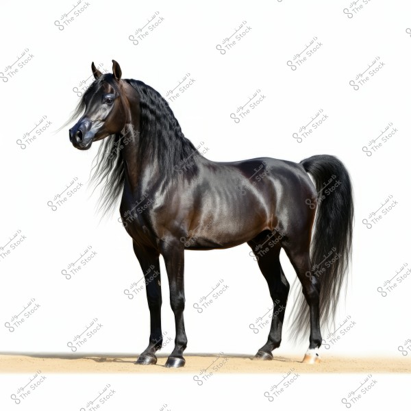 Image of a black Arabian horse standing proudly on a sandy ground. The horse has long, flowing black mane cascading down its side. The background is white, highlighting the horse\'s elegance and sleekness.