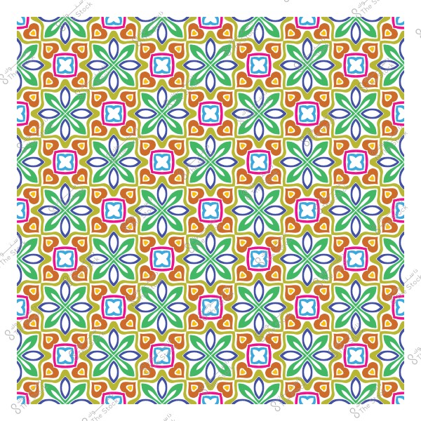 نمط هندسي ملون مكون من أشكال زهرية وخطوط متقاطعة بألوان الأزرق والأخضر والبرتقالي والأحمر, في تصميم متكرر.