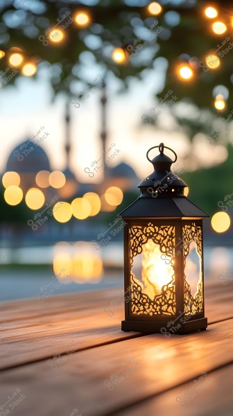 An illuminated lantern with intricate metal designs placed on a wooden table in the evening, with a blurred background showing twinkling lights, mosque domes, and a minaret under a sunset sky.