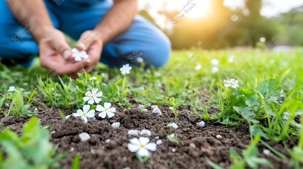 The image shows a person tending to small white flowers in a garden. The person is wearing blue pants and is planting a flower in rich soil surrounded by green grass. The sun shines in the background, adding a warm glow to the scene.