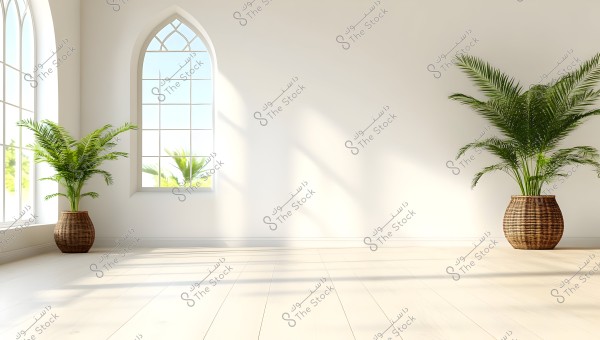 The image depicts a bright and spacious room with light-colored wooden flooring. The room features two large windows with a Gothic arch design, allowing sunlight to stream in beautifully. The room also includes two large potted plants in wicker baskets, placed on either side of the space. The interplay of light and shadows creates a sense of tranquility and comfort.