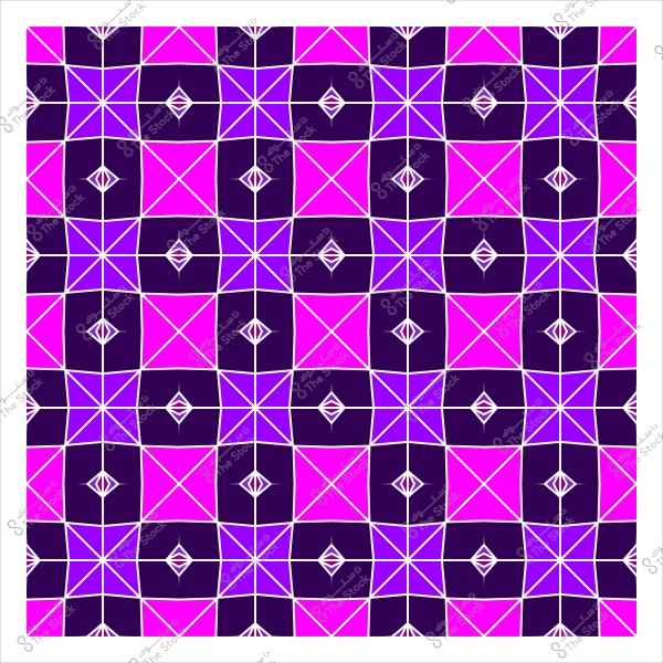 نمط هندسي متماثل يتكون من أشكال مربعات مزخرفة بألوان أرجوانية وزهرية. التصاميم المربعة تظهر تفاصيل متناظرة وملونة بخطوط بيضاء تفصل بين الأشكال, مما يخلق تأثيراً مرئياً جذاباً ومشعراً بالتوازن.

-