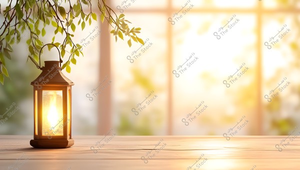 A lit lantern on a wooden table with a blurred background of a window and sunrise, with some green branches hanging from above.